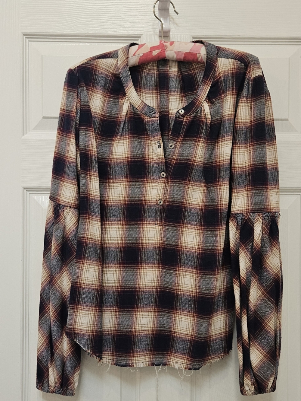 Pharoah Cotton Plaid Printed Fringe Hem Henley Top Size 0